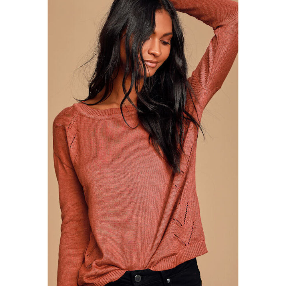 Lulus Pointelle Me More Rust Orange Knit Sweater - Size S